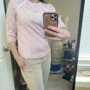 Cable and Gauge light pink lace 3/4 length sleeved top for work GUC